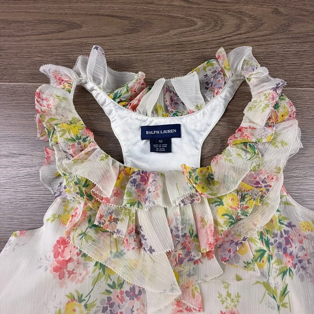 Ralph Lauren Girls Floral Chiffon Ruffle Racerback Dress Multi Size 12 Summer